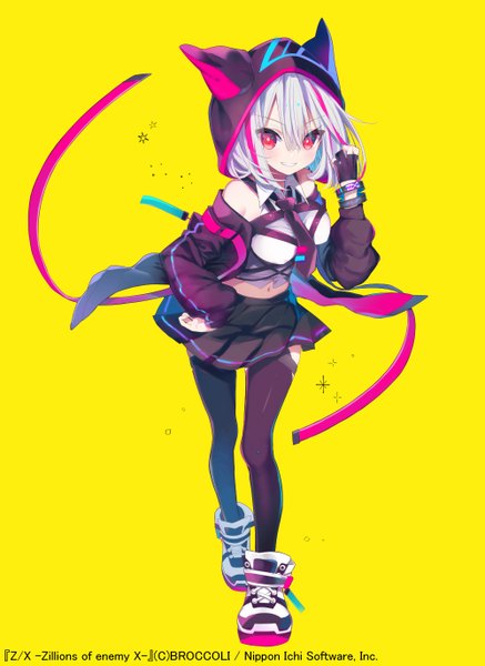 Anime picture 1000x1372 with z/x zillions of enemy x nekoboshi sakko single tall image looking at viewer blush fringe short hair breasts simple background smile hair between eyes red eyes standing silver hair full body pleated skirt multicolored hair off shoulder open jacket