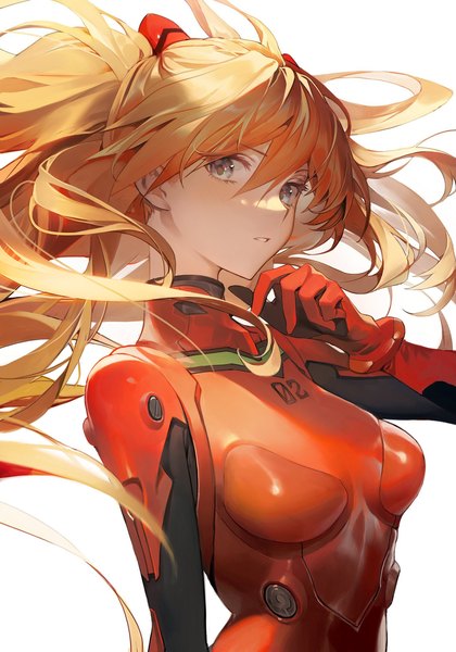 Anime picture 2400x3425 with neon genesis evangelion gainax soryu asuka langley shikinami asuka langley shycocoa single long hair tall image looking at viewer fringe highres breasts simple background hair between eyes white background upper body parted lips arm up orange hair grey eyes