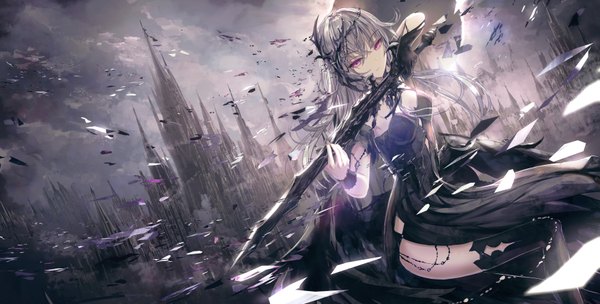 Anime picture 1760x892 with original missle228 single long hair looking at viewer fringe highres breasts hair between eyes wide image sitting purple eyes holding sky cleavage cloud (clouds) outdoors fingernails grey hair arms up