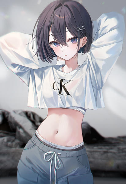 Anime picture 4061x5912 with original calvin klein myowa single tall image looking at viewer fringe highres short hair open mouth black hair hair between eyes standing purple eyes absurdres mole arms up midriff mole under eye piercing