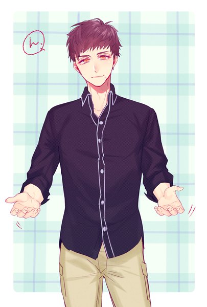 Anime picture 965x1427 with a3! fushimi omi artwele single tall image looking at viewer short hair brown hair standing orange eyes border scar open collar plaid plaid background boy shirt speech bubble black shirt