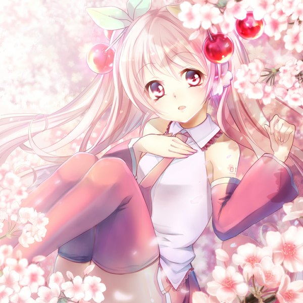 Anime picture 1000x1000 with vocaloid hatsune miku sakura miku maronie. single long hair blush pink hair bent knee (knees) parted lips pink eyes tattoo cherry blossoms girl thighhighs black thighhighs plant (plants) detached sleeves tree (trees) necktie