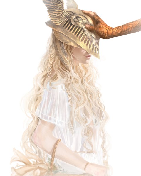 Anime picture 3277x4096 with elden ring malenia blade of miquella miquella (elden ring) timnehparrot long hair tall image highres simple background blonde hair white background absurdres upper body realistic wavy hair solo focus girl boy helmet