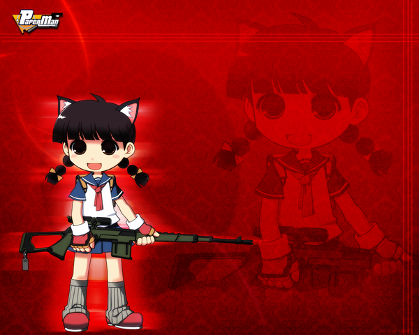 Anime picture 1280x1024 with paper man animal ears cat girl loli red background girl gun