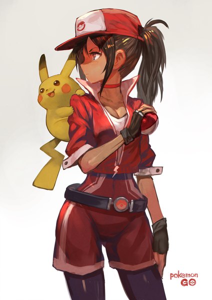 Anime picture 1414x2000 with pokemon pokemon (game) pokemon go nintendo pikachu female protagonist (pokemon go) lack single long hair tall image brown hair holding brown eyes payot looking away ponytail profile copyright name gradient background dark skin