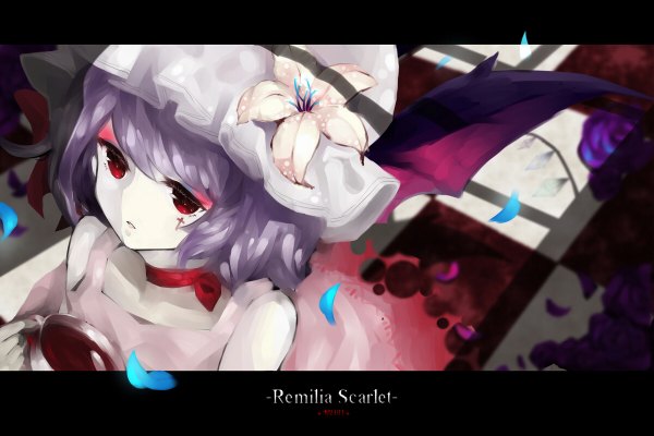 Anime picture 1200x800 with touhou remilia scarlet sevten (ashkeroth) single short hair red eyes bare shoulders purple hair checkered floor bat wings girl dress flower (flowers) petals wings bonnet cup