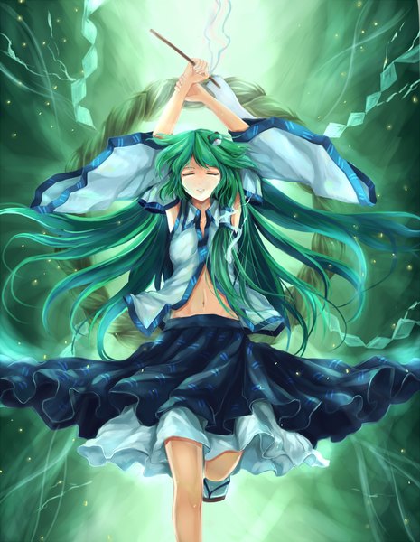 Anime picture 775x1000 with touhou kochiya sanae yingji (zszero) single long hair tall image eyes closed green hair lightning girl dress navel detached sleeves hair tubes gohei