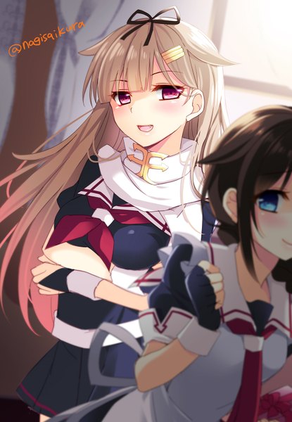 Anime picture 1000x1444 with kantai collection shigure destroyer yuudachi destroyer ikura nagisa long hair tall image looking at viewer blush fringe breasts open mouth blue eyes blonde hair smile brown hair multiple girls signed payot pink hair braid (braids)