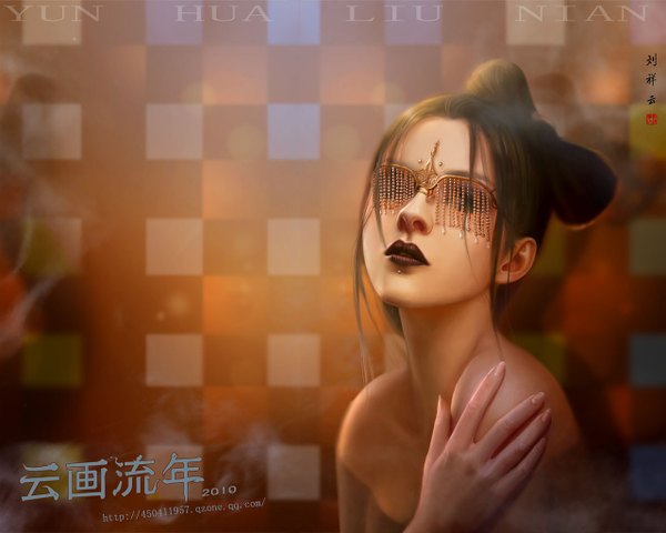 Anime picture 1280x1024 with hiliuyun (artist) single long hair brown hair bare shoulders realistic inscription lipstick piercing hieroglyph girl mask