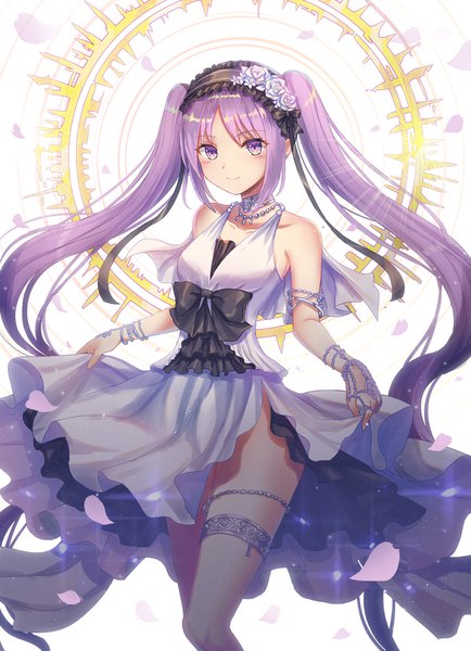 Anime picture 1200x1658 with fate (series) fate/hollow ataraxia euryale (fate) seungju lee single long hair tall image looking at viewer smile twintails purple eyes bare shoulders payot purple hair side slit girl dress petals white dress jewelry