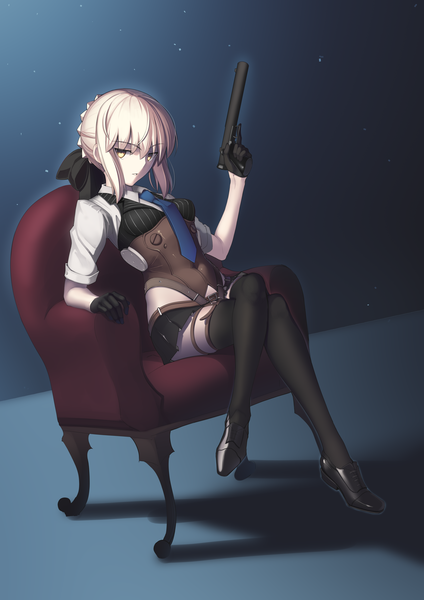 Anime picture 3400x4809 with fate (series) fate/grand order artoria pendragon (all) saber alter boa (4chan) single tall image looking at viewer fringe highres short hair blonde hair simple background hair between eyes sitting holding yellow eyes payot absurdres full body