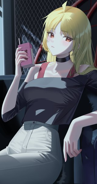 Anime picture 2780x5227 with bocchi the rock! cloverworks ijichi seika re-leaf single long hair tall image looking at viewer blush highres blonde hair red eyes sitting holding ahoge girl choker drink juice juice box