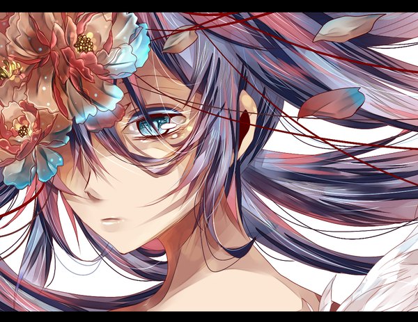 Anime picture 1144x884 with vocaloid hatsune miku mao723 single long hair fringe blue eyes simple background white background blue hair purple hair multicolored hair lips girl flower (flowers) petals thread red thread