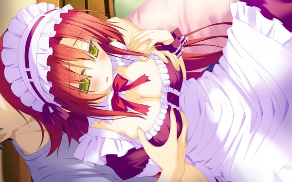 Anime picture 2048x1280 with irotoridori no sekai minami kana (irotoridori) shida kazuhiro long hair blush highres light erotic wide image yellow eyes game cg red hair maid breast grab girl