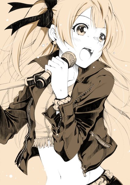 Anime picture 827x1169 with love live! school idol project sunrise (studio) love live! minami kotori inui sekihiko single long hair tall image open mouth simple background looking away upper body open jacket one side up monochrome singing girl navel earrings jacket