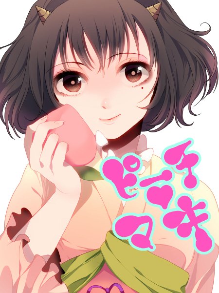 Anime picture 900x1200 with hoozuki no reitetsu wit studio peach maki mihatarou single tall image looking at viewer fringe short hair smile brown hair white background holding brown eyes traditional clothes japanese clothes horn (horns) lips mole mole under eye
