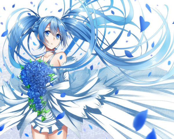 Anime picture 1000x800 with vocaloid hatsune miku heirou ress single long hair looking at viewer blue eyes white background twintails bare shoulders blue hair girl flower (flowers) petals rose (roses) bouquet blue rose