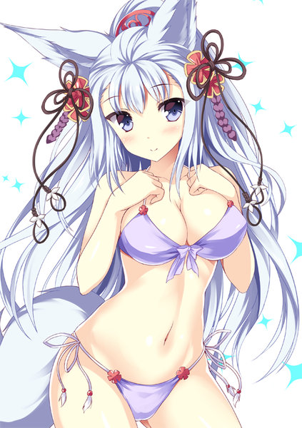 Anime picture 565x800 with granblue fantasy socie (granblue fantasy) tateha (marvelous grace) single long hair tall image fringe breasts blue eyes light erotic bare shoulders animal ears cleavage silver hair ponytail tail animal tail bare belly sparkle fox ears