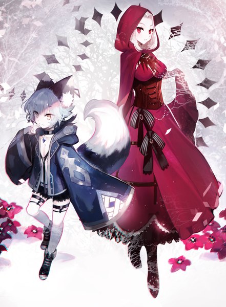 Anime picture 2000x2722 with little red riding hood little red riding hood (character) big bad wolf juexing (moemoe3345) tall image highres short hair standing brown eyes animal ears looking away silver hair full body white hair tail animal tail wide sleeves finger to mouth standing on one leg walking