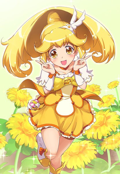 Anime picture 750x1084 with precure smile precure! toei animation kise yayoi cure peace mousoup single long hair tall image looking at viewer blush open mouth blonde hair standing yellow eyes payot bent knee (knees) ponytail victory standing on one leg