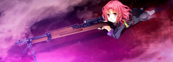 Anime picture 3850x1395 with soushuu senshinkan gakuen hachimyoujin tatsunobe ayumi g yuusuke single highres short hair wide image purple eyes pink hair game cg lying girl weapon gun rifle sniper rifle