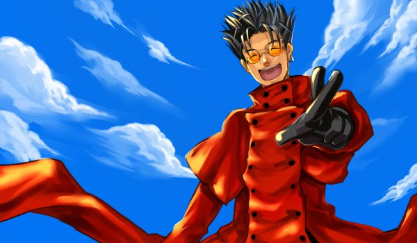 Anime-Bild 1200x700 mit trigun vash the stampede tamachi kuwa single short hair open mouth black hair smile wide image sky cloud (clouds) eyes closed from below laughing boy gloves earrings glasses sunglasses coat