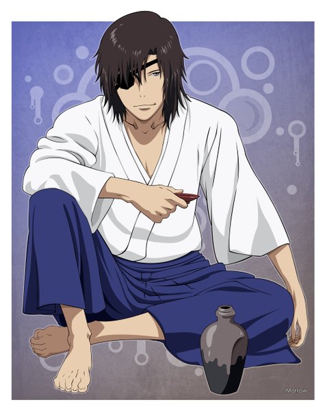 Anime picture 2000x2525 with sengoku basara production i.g date masamune (sengoku basara) morrow single tall image highres short hair smile brown hair sitting signed full body traditional clothes japanese clothes barefoot grey eyes border vector boy