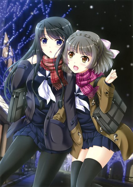 Anime picture 2494x3500 with original akino shin long hair tall image blush highres short hair open mouth black hair purple eyes multiple girls brown eyes braid (braids) :d scan night :o snowing exhalation hands in pockets