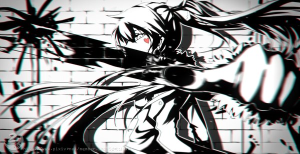 Anime picture 1800x925 with original qian ye (qys3) qys3 single looking at viewer highres wide image twintails very long hair depth of field watermark monochrome painting girl uniform splashes paint