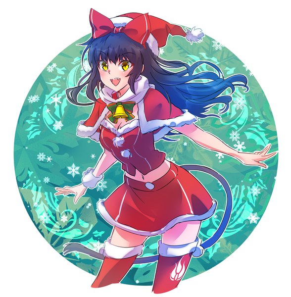 Anime picture 2155x2200 with rwby rooster teeth blake belladonna iesupa single long hair tall image looking at viewer highres black hair simple background yellow eyes cleavage tail animal tail midriff cat tail fang (fangs) fur trim christmas