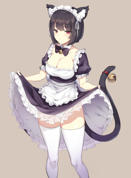 Anime picture 1111x1500 with azur lane yamashiro (azur lane) ikomochi single tall image short hair breasts light erotic black hair simple background red eyes standing animal ears looking away cleavage tail animal tail cat ears maid cat girl