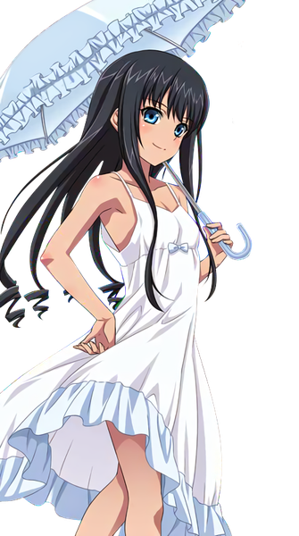 Anime picture 447x800 with strike the blood minamiya natsuki single long hair tall image looking at viewer blush fringe blue eyes black hair smile hair between eyes standing bare shoulders holding payot cleavage bare legs armpit (armpits) sleeveless