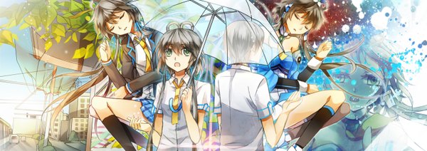 Anime picture 1414x500 with vocaloid vocaloid china luo tianyi hoshigarasu (artist) long hair short hair open mouth black hair wide image bare shoulders green eyes eyes closed city plaid skirt looking up zoom layer multiple persona transparent umbrella girl boy