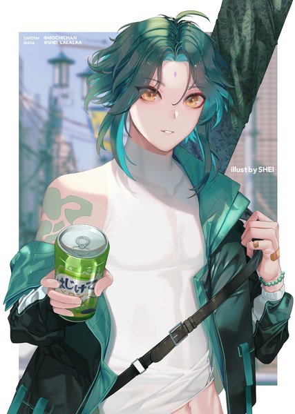 Anime picture 1422x2000 with genshin impact xiao (genshin impact) shei99 single tall image short hair holding signed upper body ahoge multicolored hair green hair open jacket orange eyes tattoo alternate costume colored inner hair forehead mark contemporary bandaid on hand