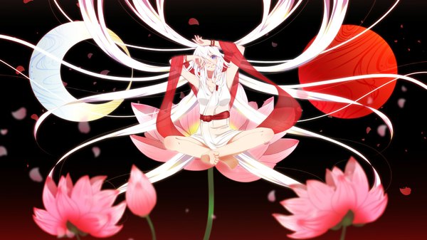 Anime picture 1920x1080 with vocaloid ia (vocaloid) nokko single highres blue eyes wide image purple eyes white hair very long hair barefoot legs girl flower (flowers) petals
