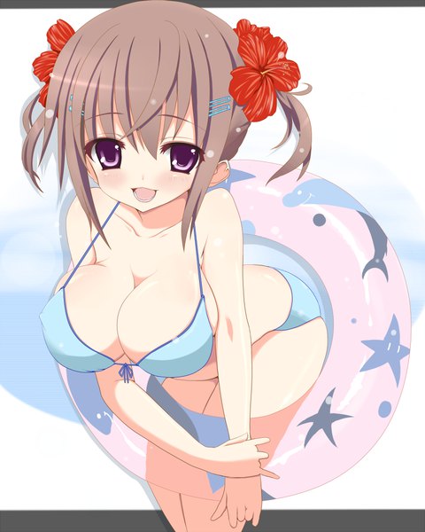 Anime picture 800x1000 with original kuronekogata single tall image looking at viewer blush short hair breasts open mouth light erotic brown hair large breasts purple eyes twintails hair flower leaning leaning forward short twintails letterboxed holding arm