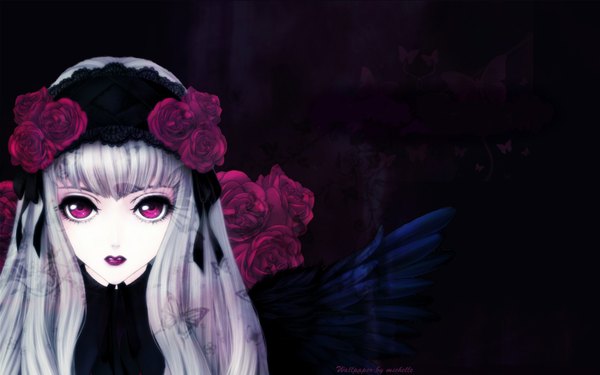 Anime picture 1920x1200 with rozen maiden suigintou kunishige keiichi long hair highres wide image pink eyes grey hair wallpaper black background portrait black wings lolita fashion girl flower (flowers) rose (roses)