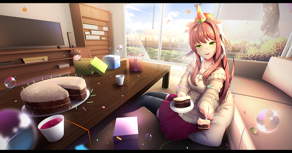 Anime picture 4590x2421 with doki doki literature club monika (doki doki literature club) tsukimaru single long hair looking at viewer blush highres brown hair wide image sitting holding green eyes payot absurdres ponytail indoors blurry off shoulder outstretched arm