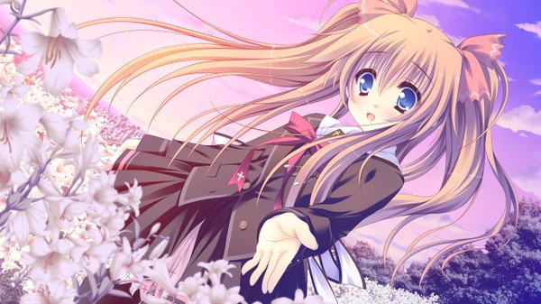 Anime picture 1280x720 with hello,good-bye lump of sugar yukishiro may moekibara fumitake long hair open mouth blue eyes brown hair wide image twintails game cg girl uniform flower (flowers) bow ribbon (ribbons) hair bow school uniform serafuku cross