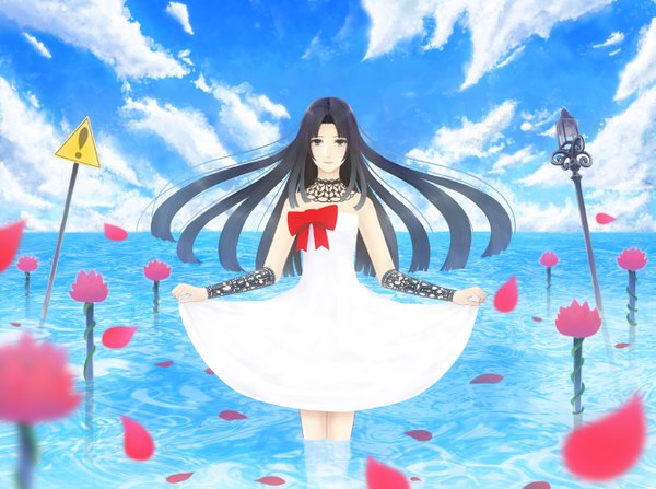 Anime picture 1341x1000 with original bounin single long hair blue eyes black hair sky cloud (clouds) girl dress flower (flowers) bow water white dress traffic sign lotus