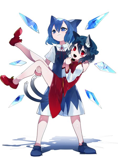 Anime picture 2657x3541 with touhou cirno chen ikurauni tall image highres short hair open mouth blue eyes simple background smile red eyes brown hair standing white background multiple girls animal ears blue hair full body tail