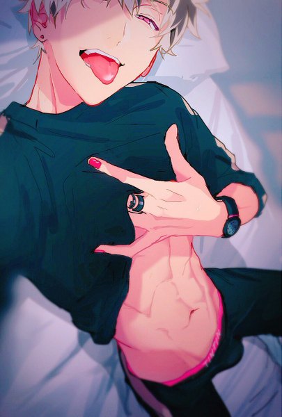 Anime picture 811x1200 with idolish 7 sunohara momose rinutiso1 single tall image looking at viewer fringe short hair open mouth light erotic white hair nail polish pink eyes multicolored hair from above grey hair two-tone hair teeth muscle shirt lift