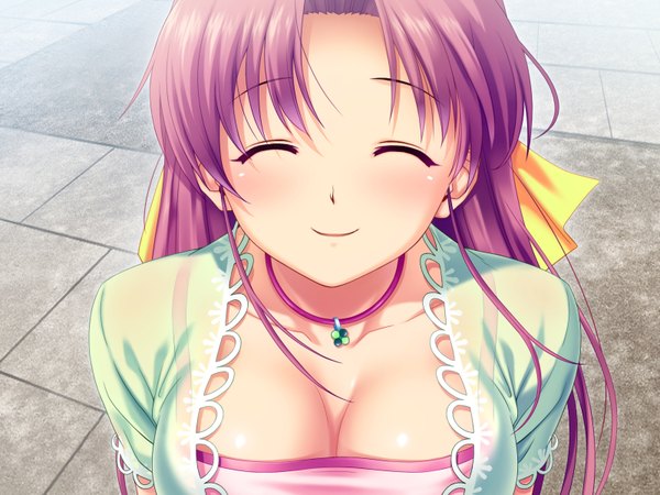 Anime picture 1600x1200 with tropical kiss aoi matsuri koutaro single long hair breasts light erotic smile pink hair game cg upper body outdoors eyes closed girl pendant