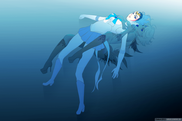 Anime picture 1280x853 with bishoujo senshi sailor moon toei animation sailor mercury skimlines looking at viewer short hair blue eyes multiple girls blue hair pleated skirt high heels couple hug looking up underwater licking girl gloves 2 girls water