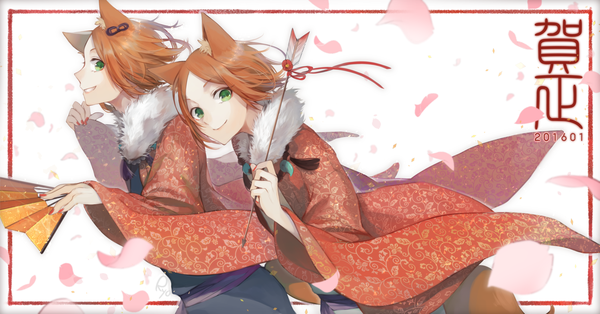 Anime picture 1800x944 with ensemble stars! aoi hinata aoi yuuta ryou (kaleidoscope) looking at viewer highres short hair smile wide image green eyes animal ears tail nail polish traditional clothes japanese clothes animal tail profile orange hair multiple boys fox ears