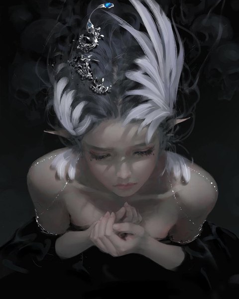 Anime picture 1080x1350 with ghost blade yan (ghost blade) wlop single long hair tall image bare shoulders looking away from above lips pointy ears grey hair mole shadow mole under eye hand on chest eyeshadow girl dress hair ornament