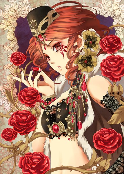 Anime picture 800x1121 with original nitou akane (artist) single tall image looking at viewer short hair open mouth light erotic red eyes bare shoulders upper body red hair nail polish parted lips fingernails bare belly tattoo fur trim piercing drill hair