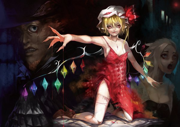 Anime picture 2000x1416 with touhou flandre scarlet sukya (artist) highres short hair blonde hair red eyes fingernails pointy ears teeth fang (fangs) one side up torn clothes long fingernails girl thighhighs dress white thighhighs wings blood