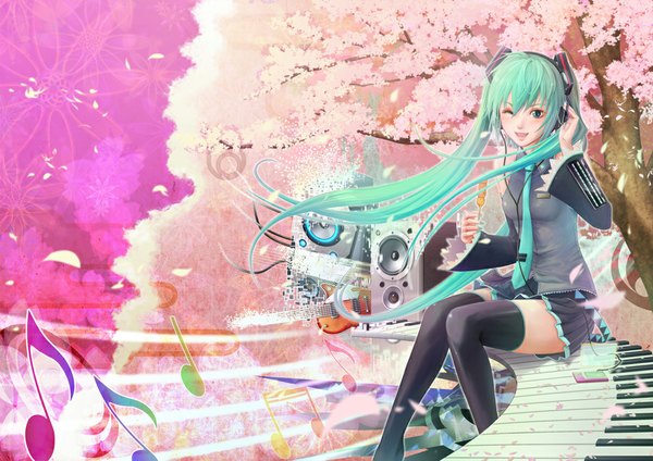 Anime picture 1000x707 with vocaloid hatsune miku rinzo single long hair smile twintails bare shoulders one eye closed aqua eyes wink aqua hair cherry blossoms music treble clef girl skirt detached sleeves petals necktie