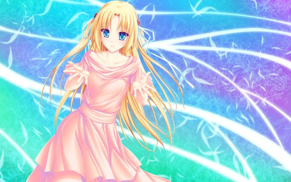 Anime picture 2560x1600 with original tenmaso single long hair highres blue eyes blonde hair wide image girl dress ribbon (ribbons) hair ribbon feather (feathers)